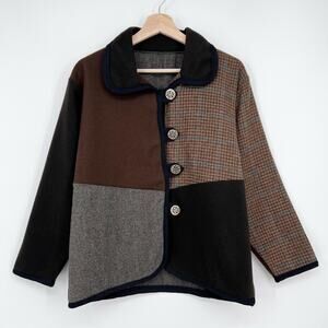 Patchwork Tweed Wool Jacket Cardigan Women Large Brown Boxy Houndstooth Handmade
